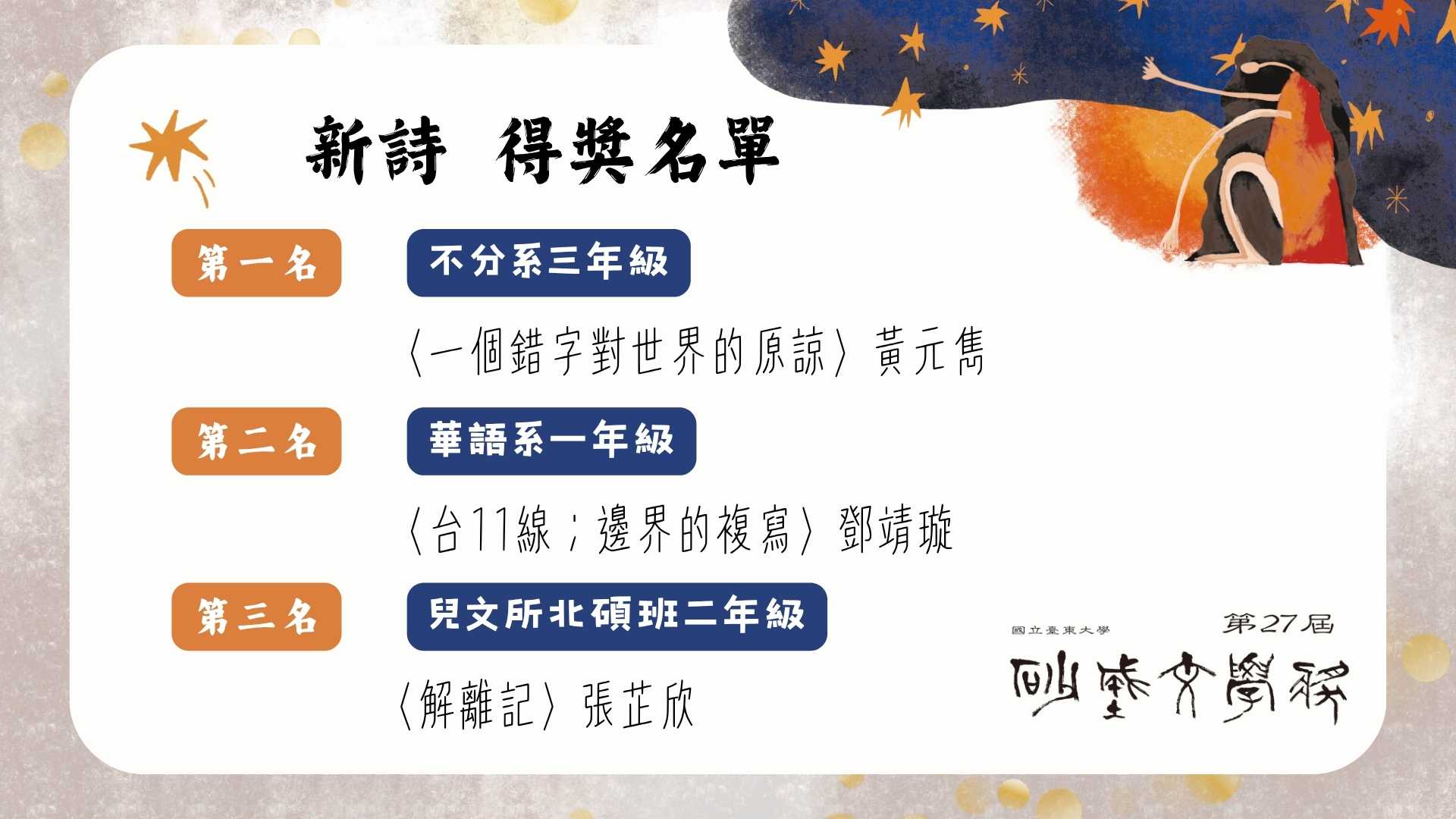 Link to 新詩 第二十七屆砂城文學獎新詩得獎名單海報。