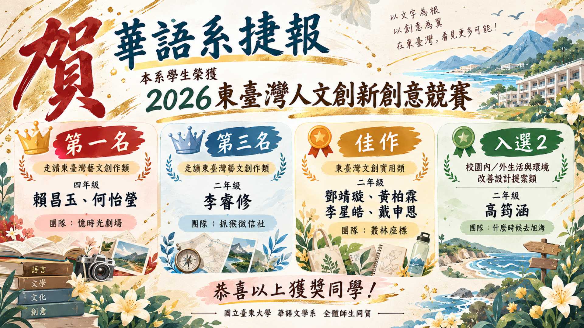 本系學生參加「2026東臺灣人文創新創意競賽」表現優異，榮獲第一名、第三名、佳作及入選等獎項。